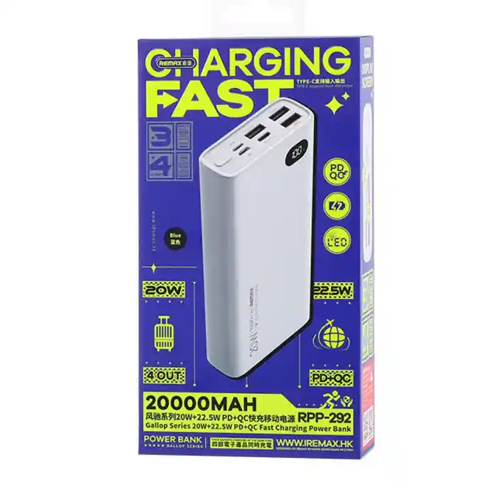 Remax RPP-292 20000mAh Gallop Series 20W+22.5W+PD+QC Fast Charging 4 Output Ports Power Bank